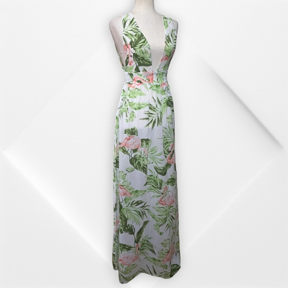 Boohoo Green White&Pink Tropical Vacation Cruise Pool Beach CoverUp Maxi Dress,S - Picture 6 of 13